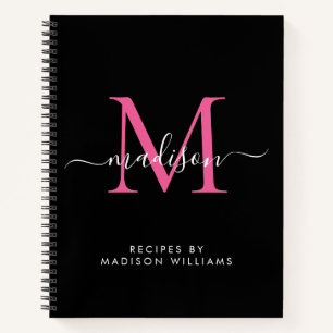Carnet Noir rose chaud Magenta Monogramme Nom du script R