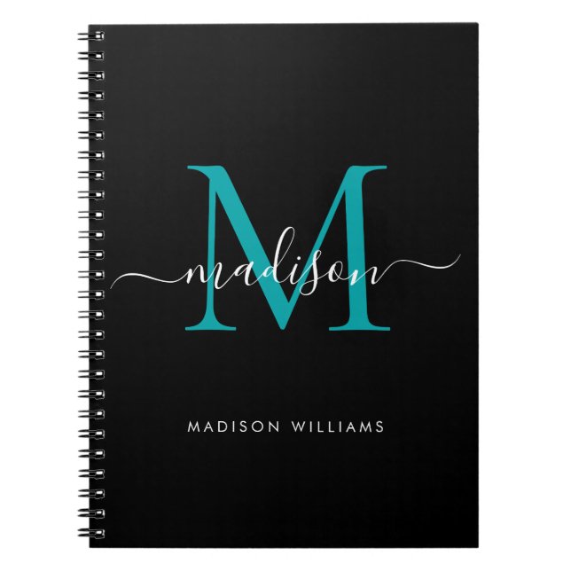 Carnet Noir Turquoise vert Monogramme Nom initial (Devant)