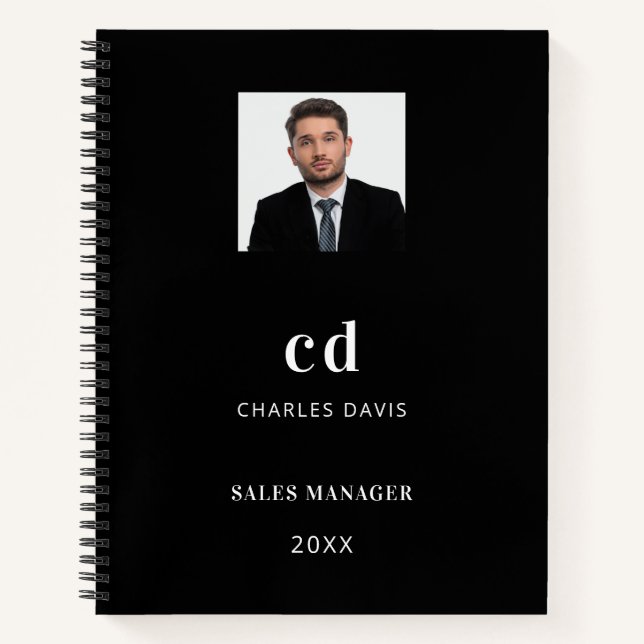 Carnet Nom blanc noir initiales photo entreprise (Devant)