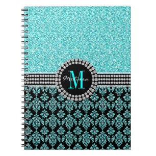 Carnet Nom bleu de damassé de monogramme de parties