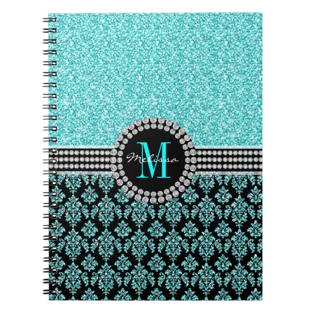 Carnet Nom bleu de damassé de monogramme de parties (Devant)