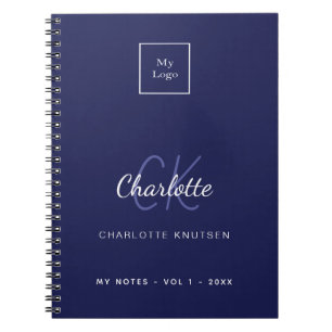 Carnet Nom commercial bleu marine monogramme blanc nom
