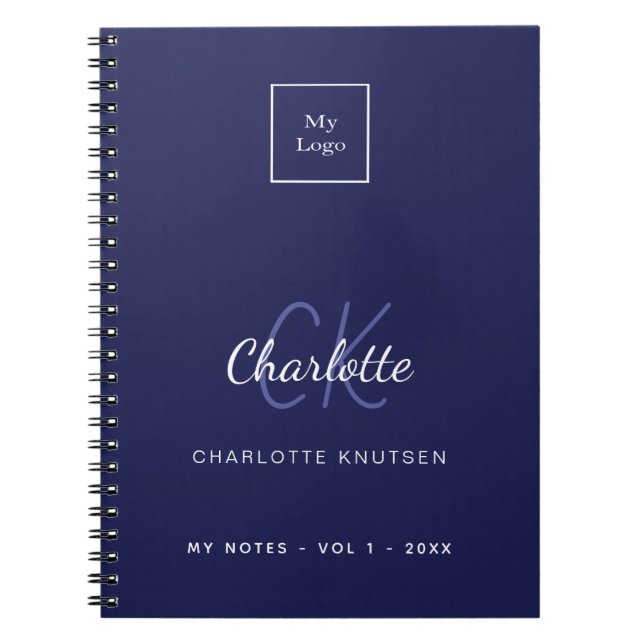 Carnet Nom commercial bleu marine monogramme blanc nom (Devant)