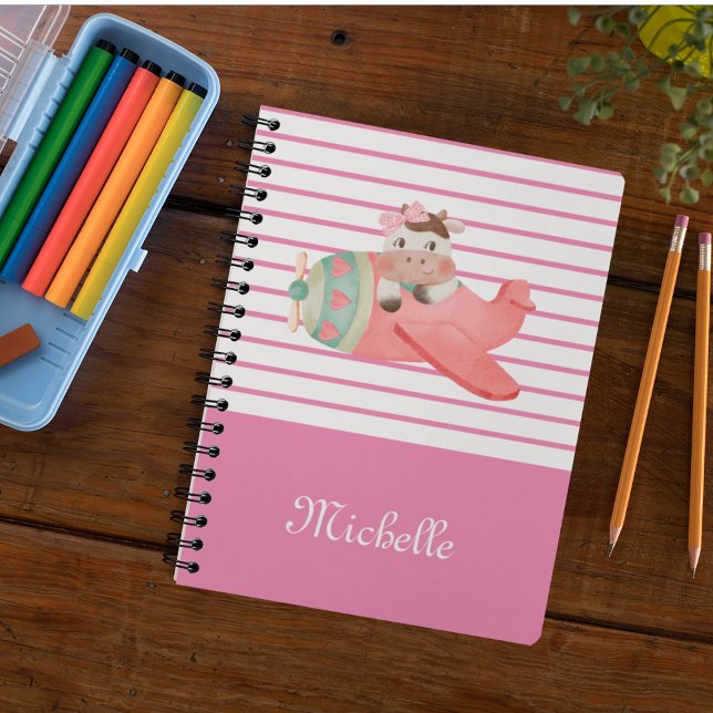 Carnet Nom & Cute Aquarelle vache dans l'avion, Whimsical (Créateur téléchargé)