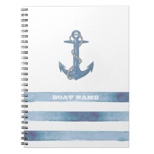 Carnet Nom de bateau nautique, Ancre, Corde, Rayures bleu