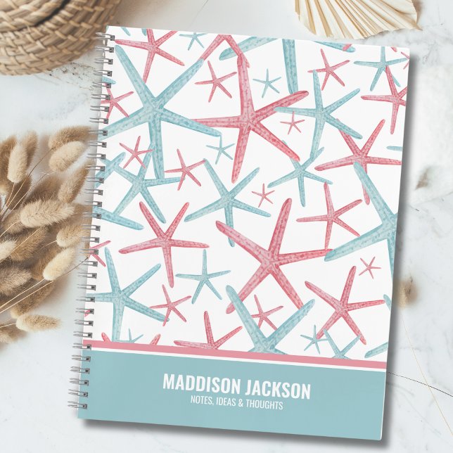 Carnet Nom de la plage tropicale (Cute Pretty Coastal Teal Pink Starfish Beach Name Notebook)
