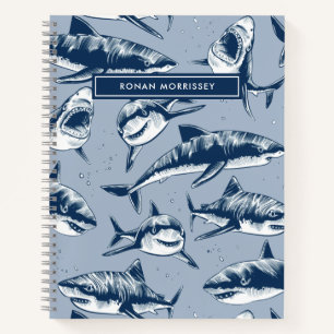 Carnet Nom de motif de requin effrayant bleu pour enfants