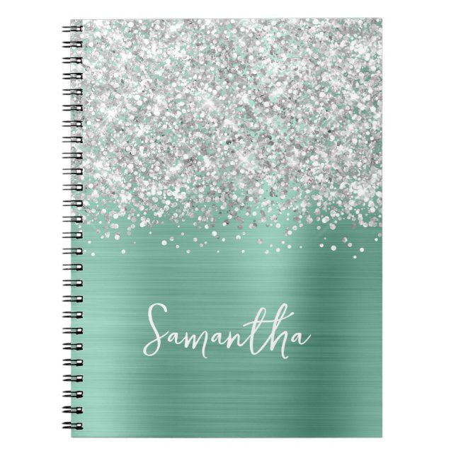 Carnet Nom de script Glam sarcelle clair paillettes argen (Devant)