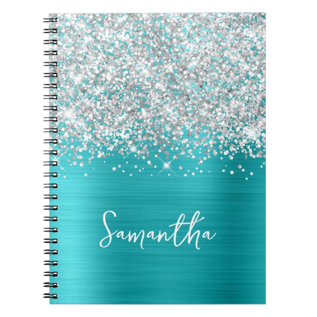 Carnet Nom de script glamour bleu turquoise argent paille (Devant)