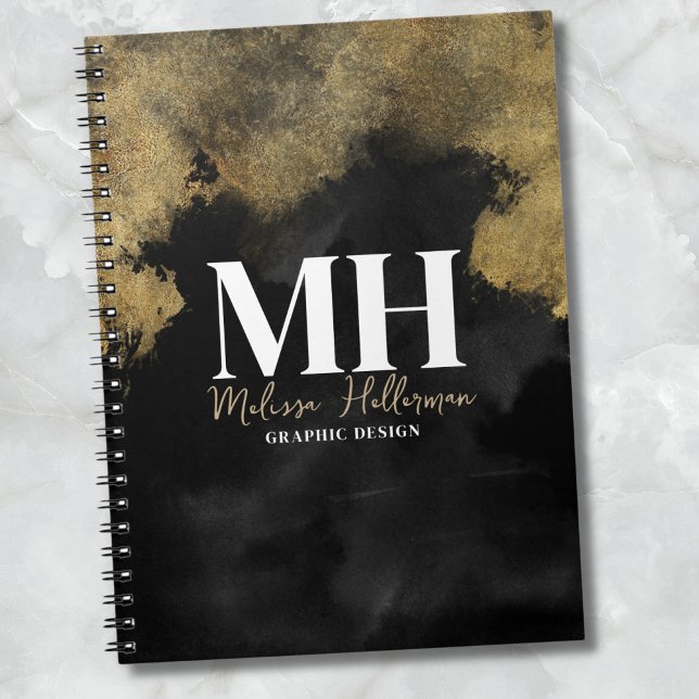 Carnet Nom de script moderne Monogramme Or Noir (Modern Script Name Initial Black Gold Monogram notebook)