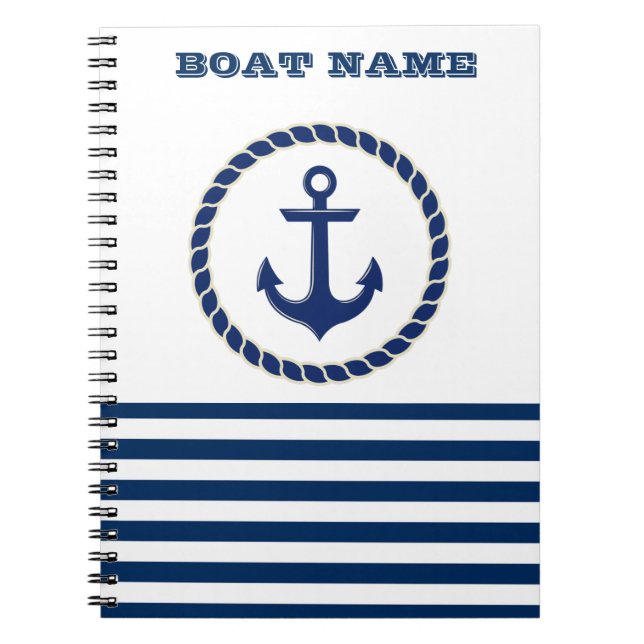 Carnet Nom du bateau nautique, Ancre Marine Bleu rayé (Devant)