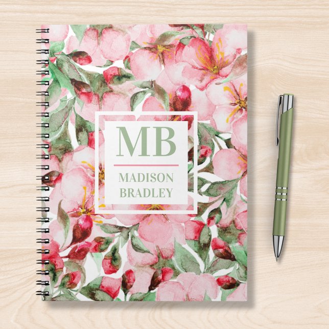 Carnet Nom du monogramme Aquarelle de la fleur de cerisie (Créateur téléchargé)