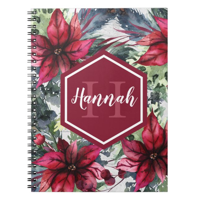 Carnet Nom du monogramme personnalisé Poinsettia rouge (Devant)