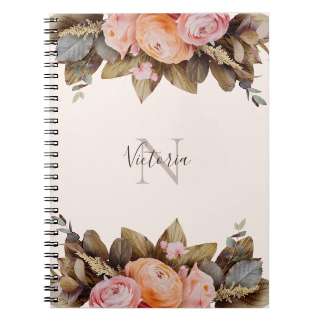 Carnet Nom du monogramme personnel Floral Rose (Devant)