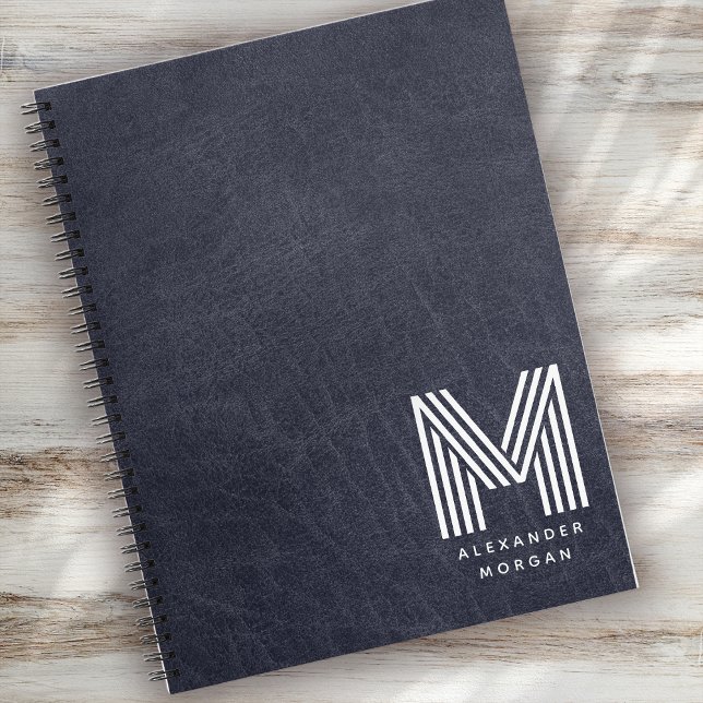 Carnet Nom du monogramme professionnel en cuir bleu (Créateur téléchargé)
