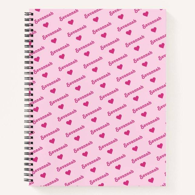 Carnet Nom et Coeurs Répétants mignons Rose Fille (Devant)