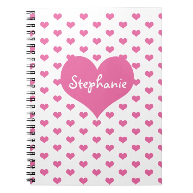 Carnet Nom Girly de coeurs roses personnalisé (Devant)