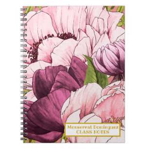 Carnet Nom Gold personnalisé Fleurs de pivoine rose sophi