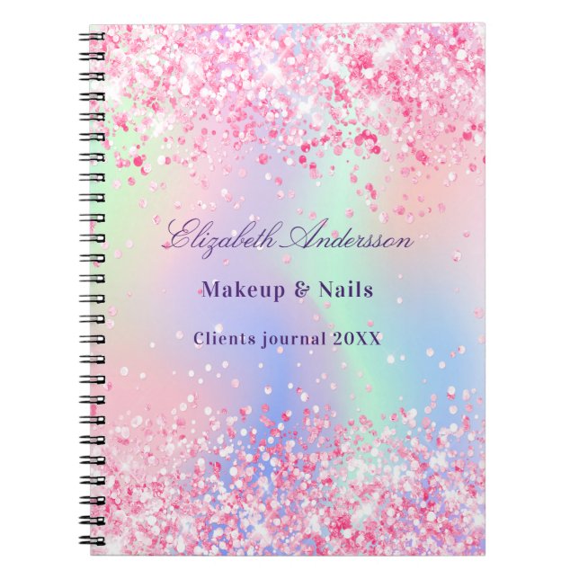 Carnet Nom holographique scintillant rose blush affaires (Devant)