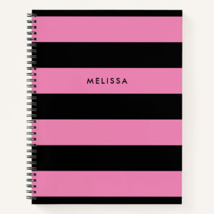 Carnet Nom minimaliste moderne rose et noir rayé