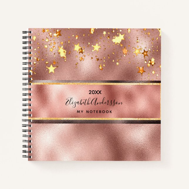 Carnet Nom monogramme des étoiles d'or rose (Devant)