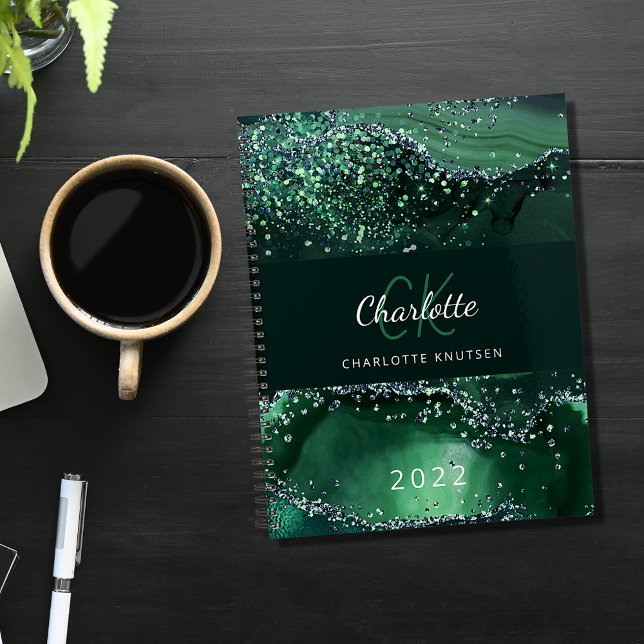 Carnet Nom monogramme vert en marbre d'agneau (Créateur téléchargé)