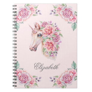 Carnet Nom personnalisé Aquarelle rustique Floral Unicorn