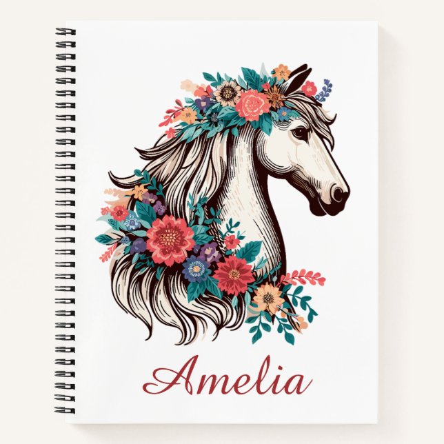 Carnet Nom personnalisé Boho Horse avec Fleurs (Devant)