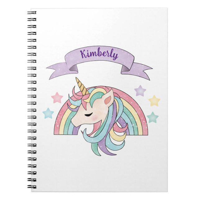 Carnet Nom personnalisé Cute Pastel Unicorn & Sparkly Rai (Devant)