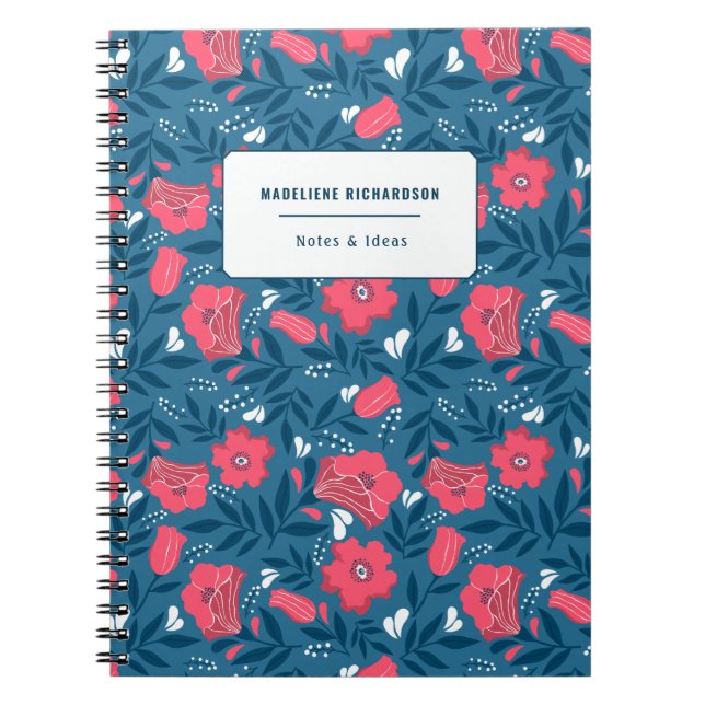 Carnet Nom personnalisé de la marine Fuchsia Modèle flora (Devant)