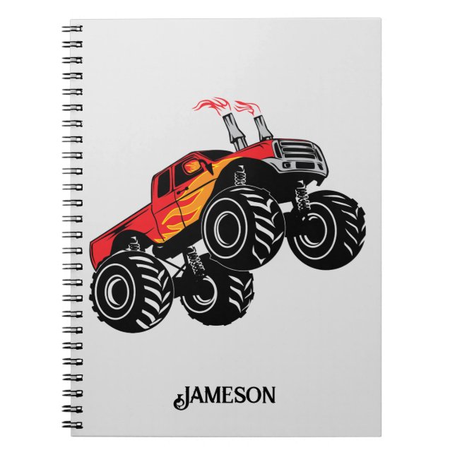 Carnet Nom personnalisé du camion de monstre noir mignon (Devant)