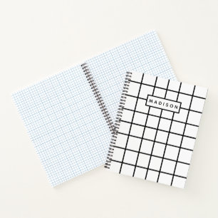 Carnet Nom personnalisé du Motif de grille blanc noir