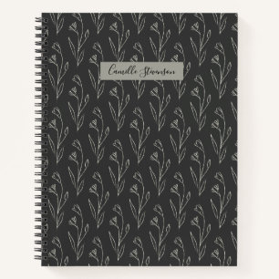 Carnet Nom personnalisé Élégant Floral Noir Blanc