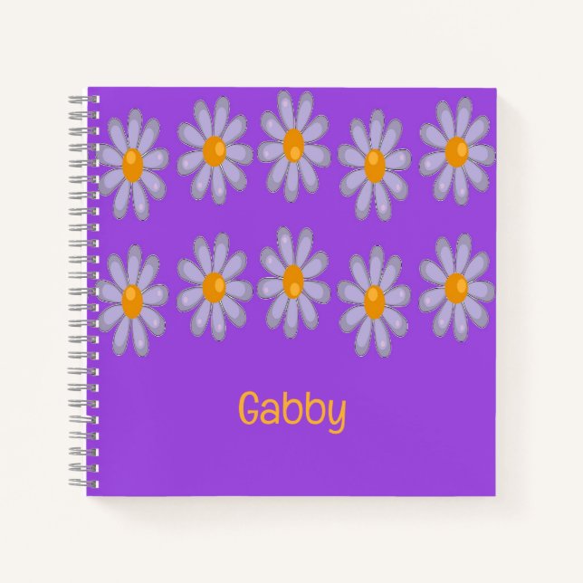 Carnet Nom personnalisé fleurs bleues sur violet (Devant)
