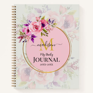 Carnet Nom personnalisé & initiale floral aquarelle rose