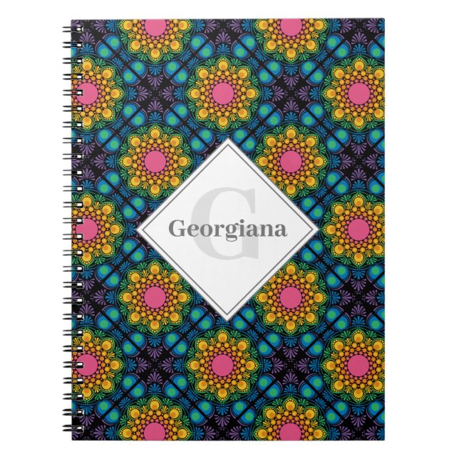 Carnet Nom personnalisé Rainbow Floral Fontaine Carreaux  (Devant)