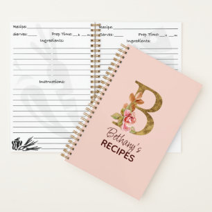 Carnet Nom personnalisé Roses roses blush Or Lettre B Rec