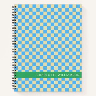 Carnet Nom personnalisé School Retro Checkerboard bleu