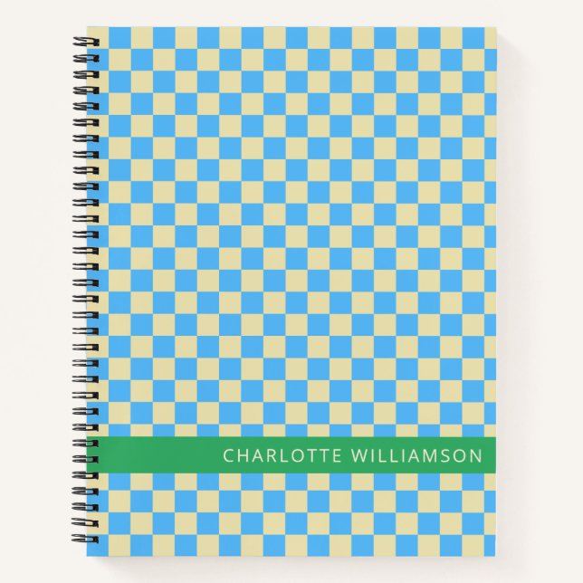 Carnet Nom personnalisé School Retro Checkerboard bleu (Devant)