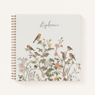 Carnet Nom personnalisé tendance fleurs sauvages et oisea