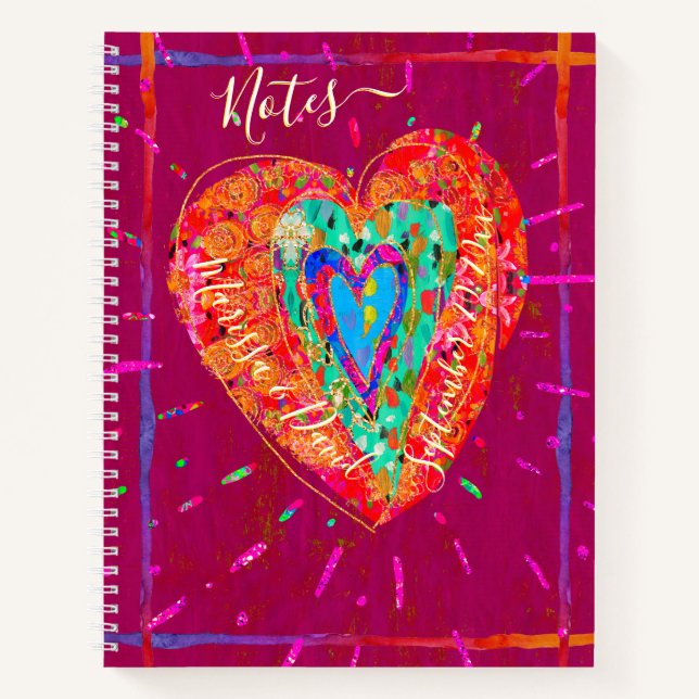 Carnet Notes cardiaques roses turquoise pour Hippie rétro (Devant)
