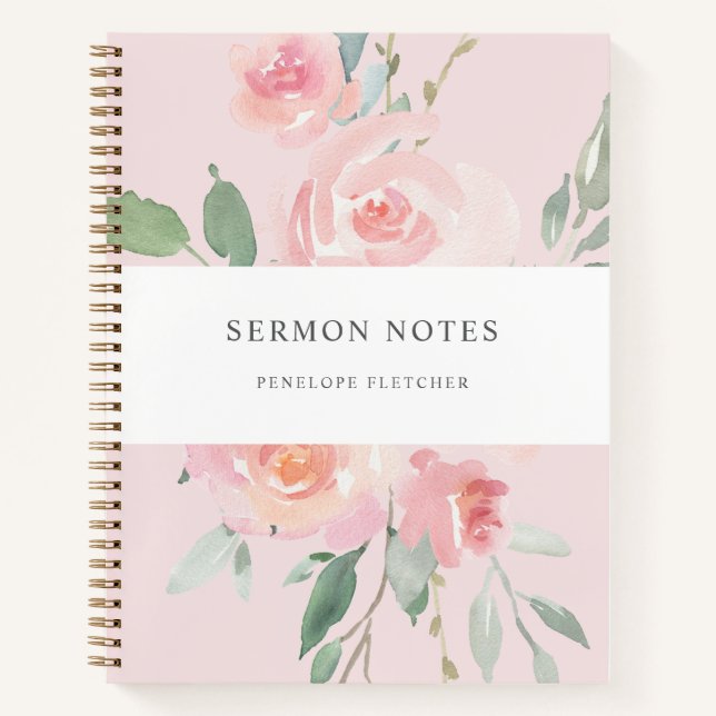 Carnet Notes de sermon Aquarelle Floral Blush Rose (Devant)