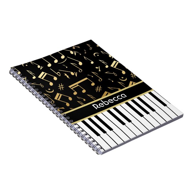 Carnet Notes musicales et touches de piano Noir et Or (Côté Droit)