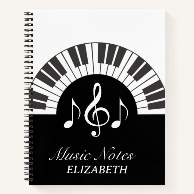 Carnet Notes musicales pour piano noir et blanc (Devant)