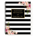 Notes Personnalisées Florales Rayures Blanches Noi