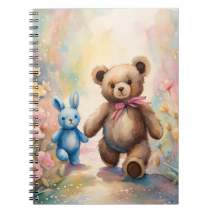Carnet Nounours et lapin dans un jardin pastel