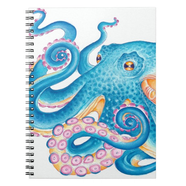 Carnet Octopus bleu Kraken Orange Rose Aquarelle (Devant)