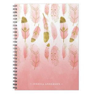 Carnet Ombre Bohème Pink and Gold Feathers
