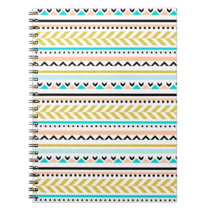 Carnet Or, Coral, Blanc, Aqua, Motif Aztèque Noir