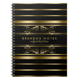 Carnet Or et rayures noires avec la dentelle florale d'or